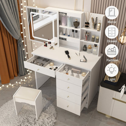 Ensemble de coiffeuse de maquillage de 39,4 po de large avec tabouret et miroir