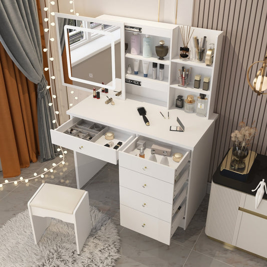 Ensemble de coiffeuse de maquillage de 39,4 po de large avec tabouret et miroir