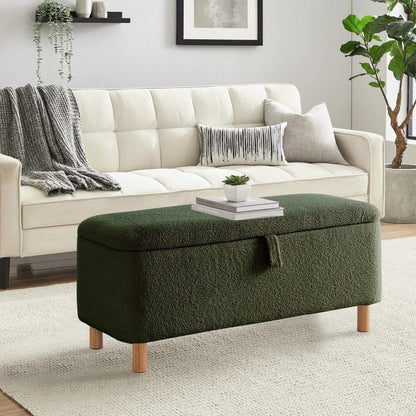 Banc ottoman de rangement en sherpa blanc cassé, repose-pieds, pour salon, chambre à coucher, pieds en bois