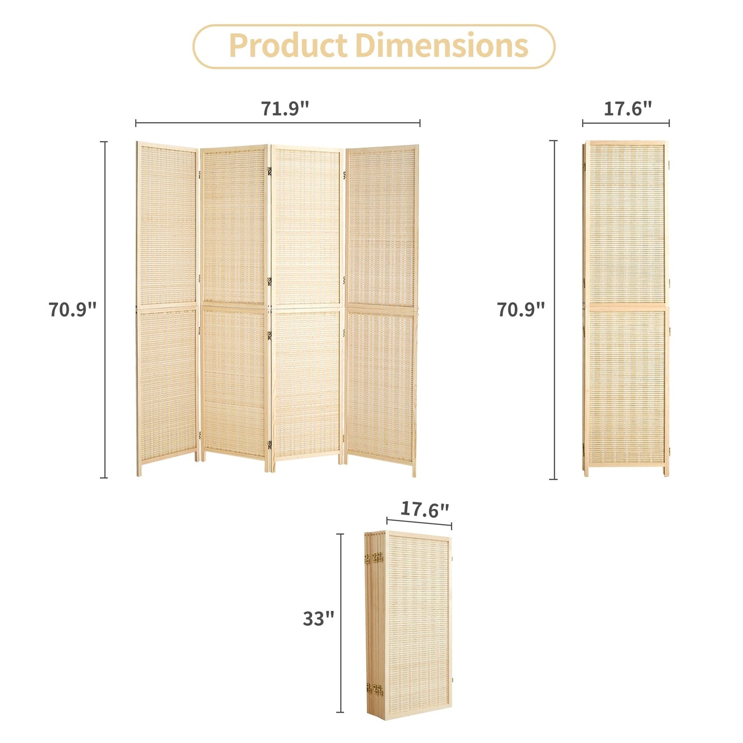 Paravent en bambou 4/6 panneaux, 1,8 m, amovible, pour séparation de pièce, écran de confidentialité pliable