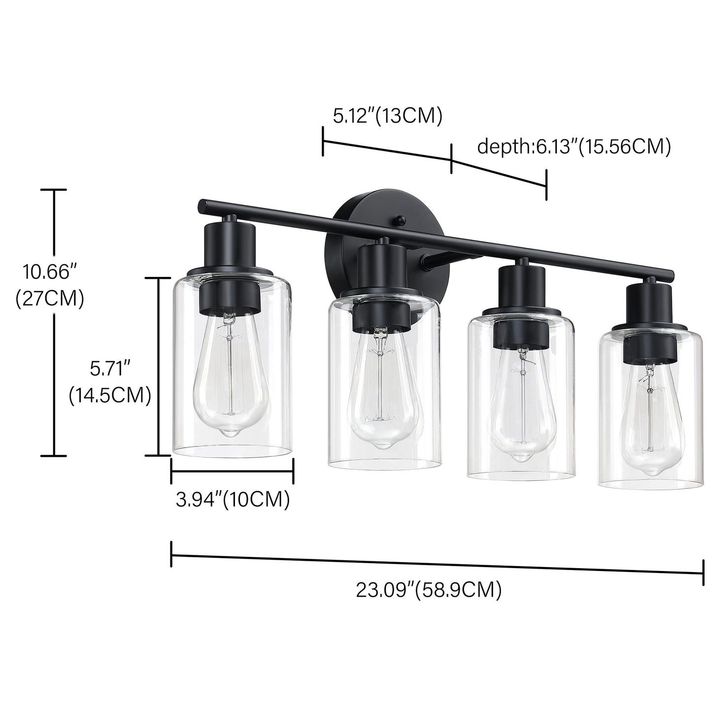 Applique de salle de bain à 4 lampes avec verre transparent