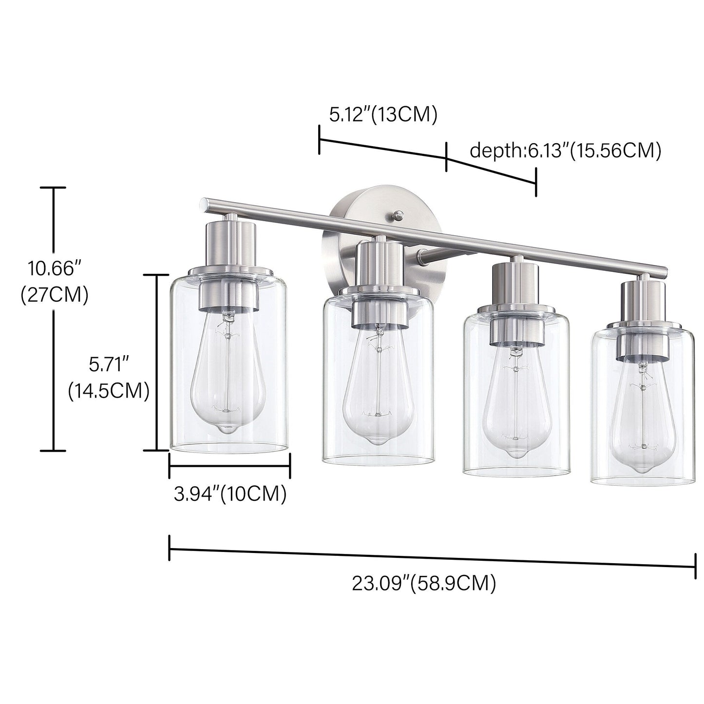 Applique de salle de bain à 4 lampes avec verre transparent