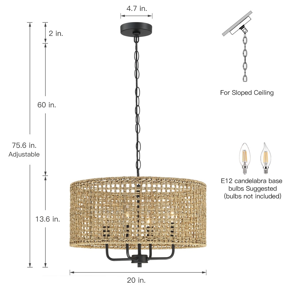 Lustre tambour bohème tissé à la main à 4 lumières - Paille - 20 po de largeur