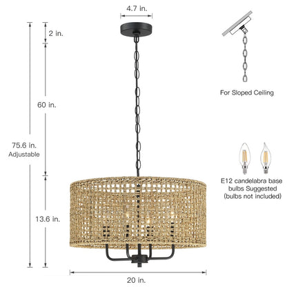 Lustre tambour bohème tissé à la main à 4 lumières - Paille - 20 po de largeur