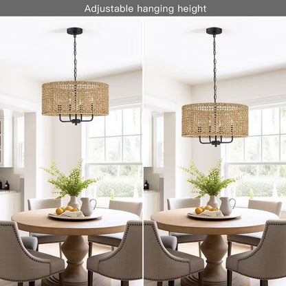 Lustre tambour bohème tissé à la main à 4 lumières - Paille - 20 po de largeur
