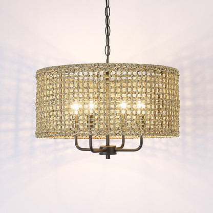 Lustre tambour bohème tissé à la main à 4 lumières - Paille - 20 po de largeur