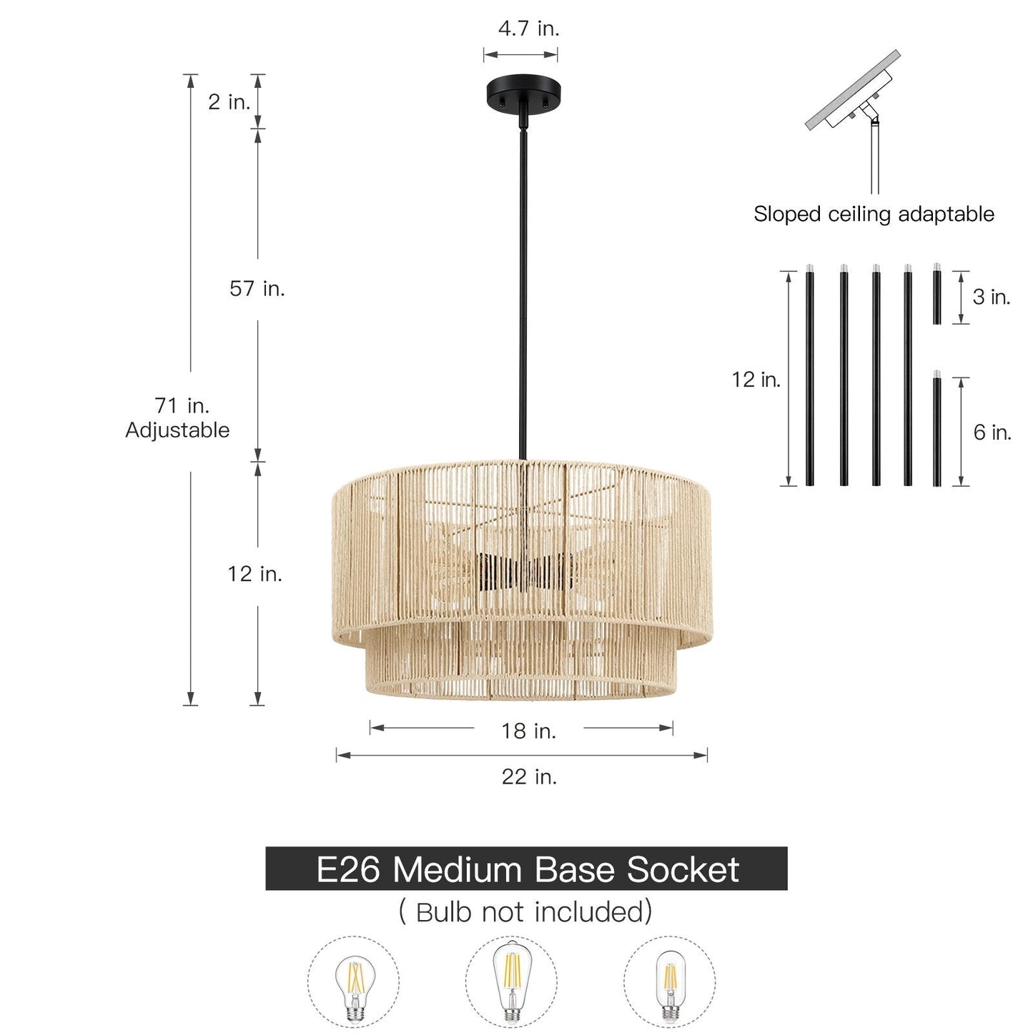 Lustre tambour à 4 lumières en rotin avec auvent noir - 22 po de largeur