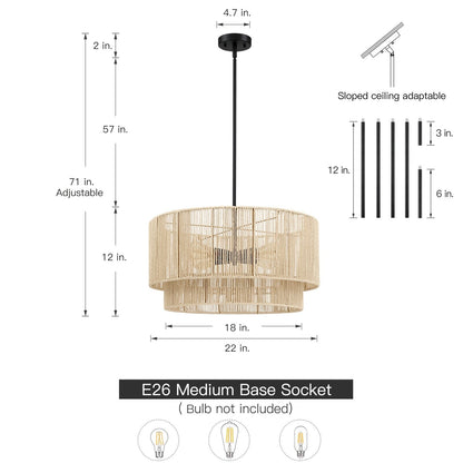 Lustre tambour à 4 lumières en rotin avec auvent noir - 22 po de largeur