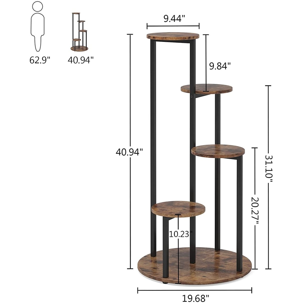 Support pour plantes d'intérieur à 4 niveaux, étagères hautes en bois, lot de 1 – 50 cm (L) x 50 cm (l) x 104 cm (H).