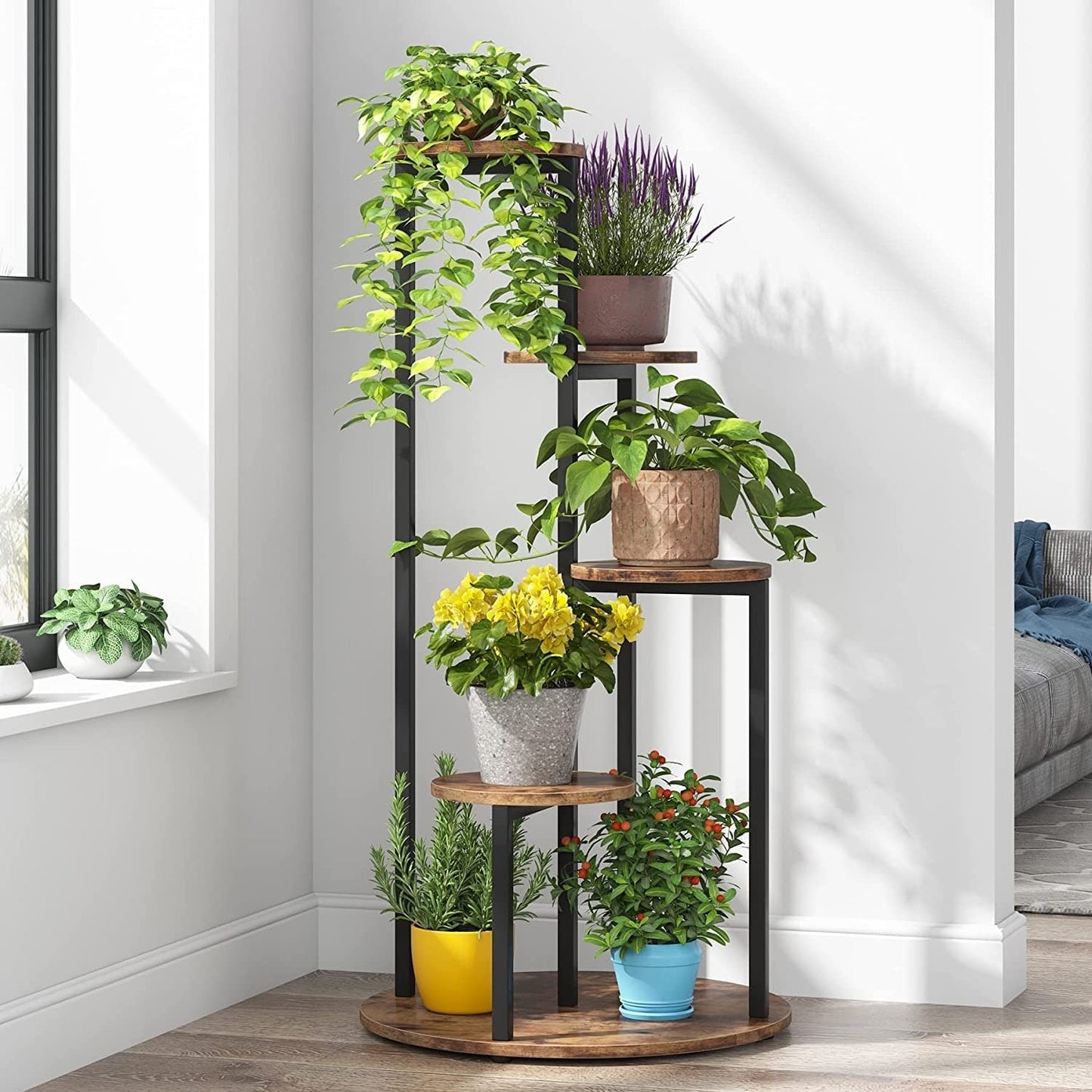 Support pour plantes d'intérieur à 4 niveaux, étagères hautes en bois, lot de 1 – 50 cm (L) x 50 cm (l) x 104 cm (H).