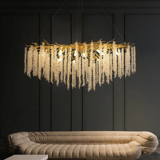 Lustre rectangulaire en cristal doré moderne de 40 po, branches d'arbre, luminaire suspendu pour îlot de cuisine, salle à manger