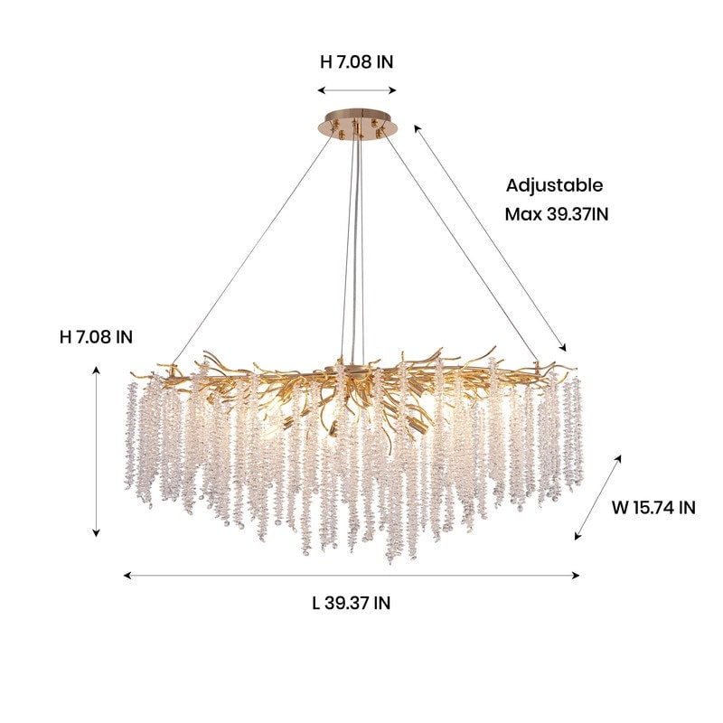 Lustre rectangulaire en cristal doré moderne de 40 po, branches d'arbre, luminaire suspendu pour îlot de cuisine, salle à manger