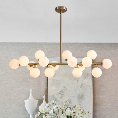 Lustre linéaire moderne du milieu du siècle de 40 po, suspension Spoutnik à 16 ampoules en laiton doré avec globe en verre dépoli pour salle à manger