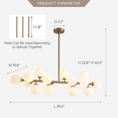 Lustre linéaire moderne du milieu du siècle de 40 po, suspension Spoutnik à 16 ampoules en laiton doré avec globe en verre dépoli pour salle à manger