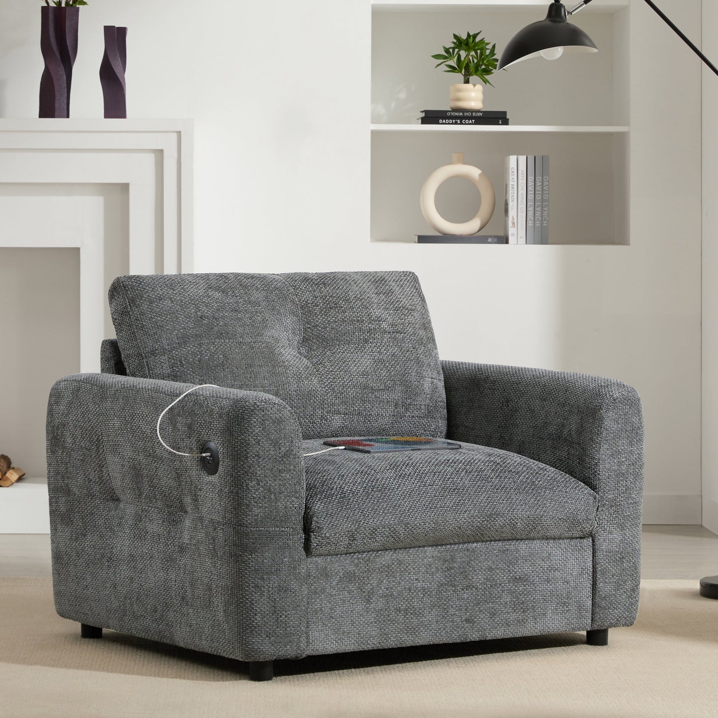 42�?Wide Seat Armchair with Dual-Port Charger and Tufted Pull-Line Design by Harper&Bright Designs