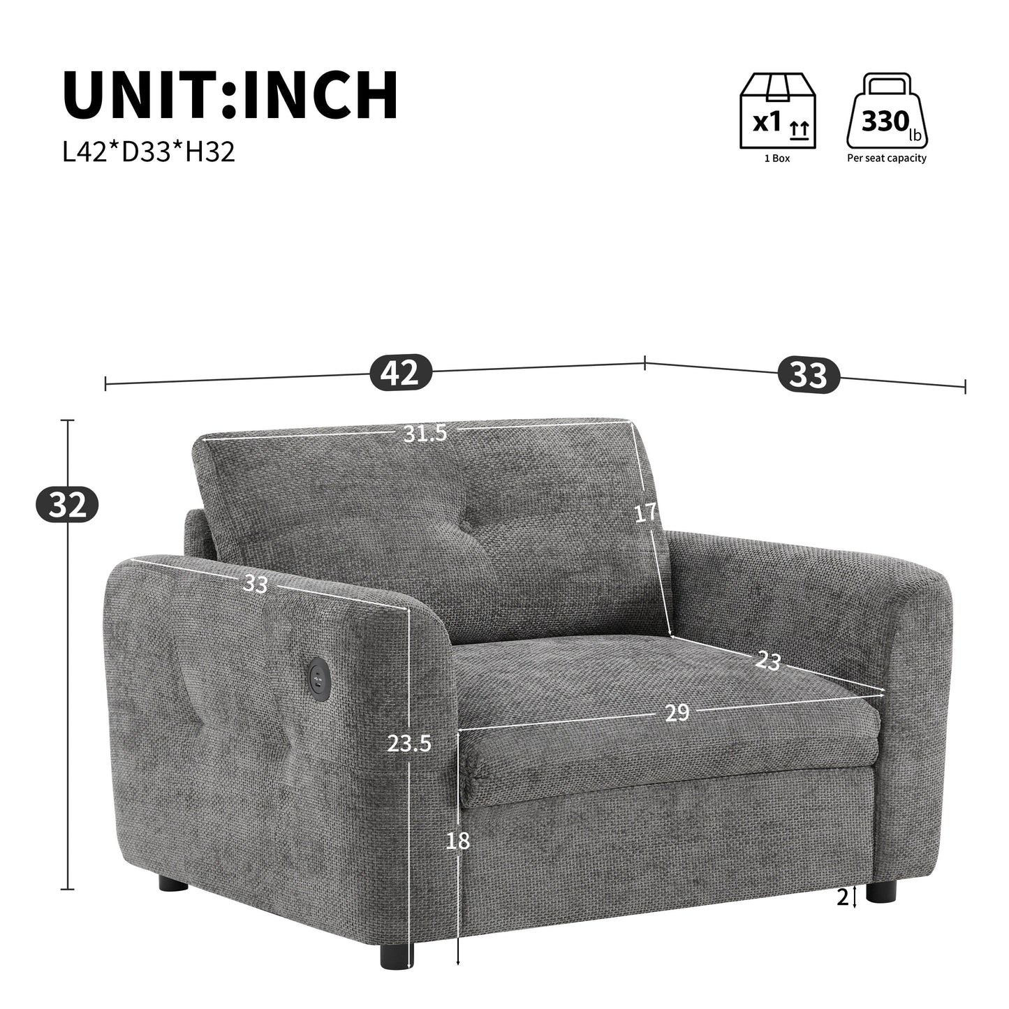 42�?Wide Seat Armchair with Dual-Port Charger and Tufted Pull-Line Design by Harper&Bright Designs