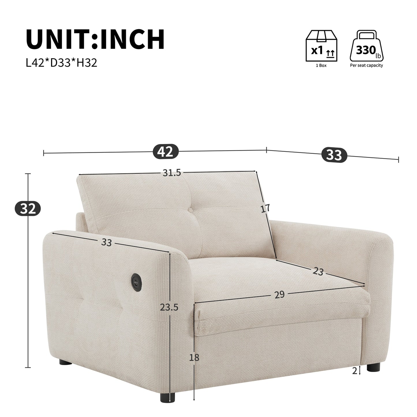42�?Wide Seat Armchair with Dual-Port Charger and Tufted Pull-Line Design by Harper&Bright Designs