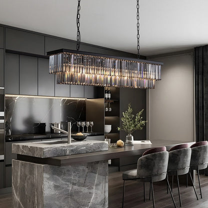 Lustre contemporain en cristal gris fumé et noir de 47 po, luminaire suspendu linéaire à deux niveaux pour îlot de cuisine et salle à manger