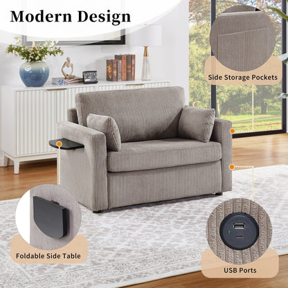 47.2 Corduroy Twin Sleeper Sofa with Foldable Mattress, Side Table, USB Ports, and Storage Pocket