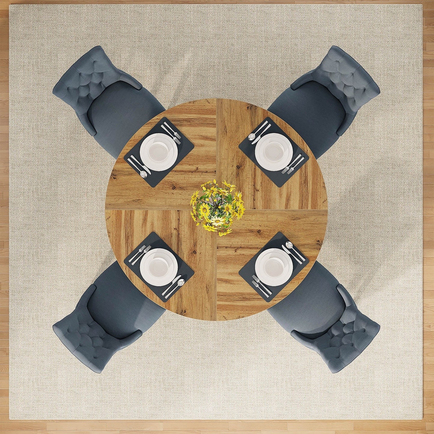 Table à manger ronde 47 pouces pour 4 personnes, table de cuisine de style campagnard, petite table à dîner en bois pour salle à manger et salon