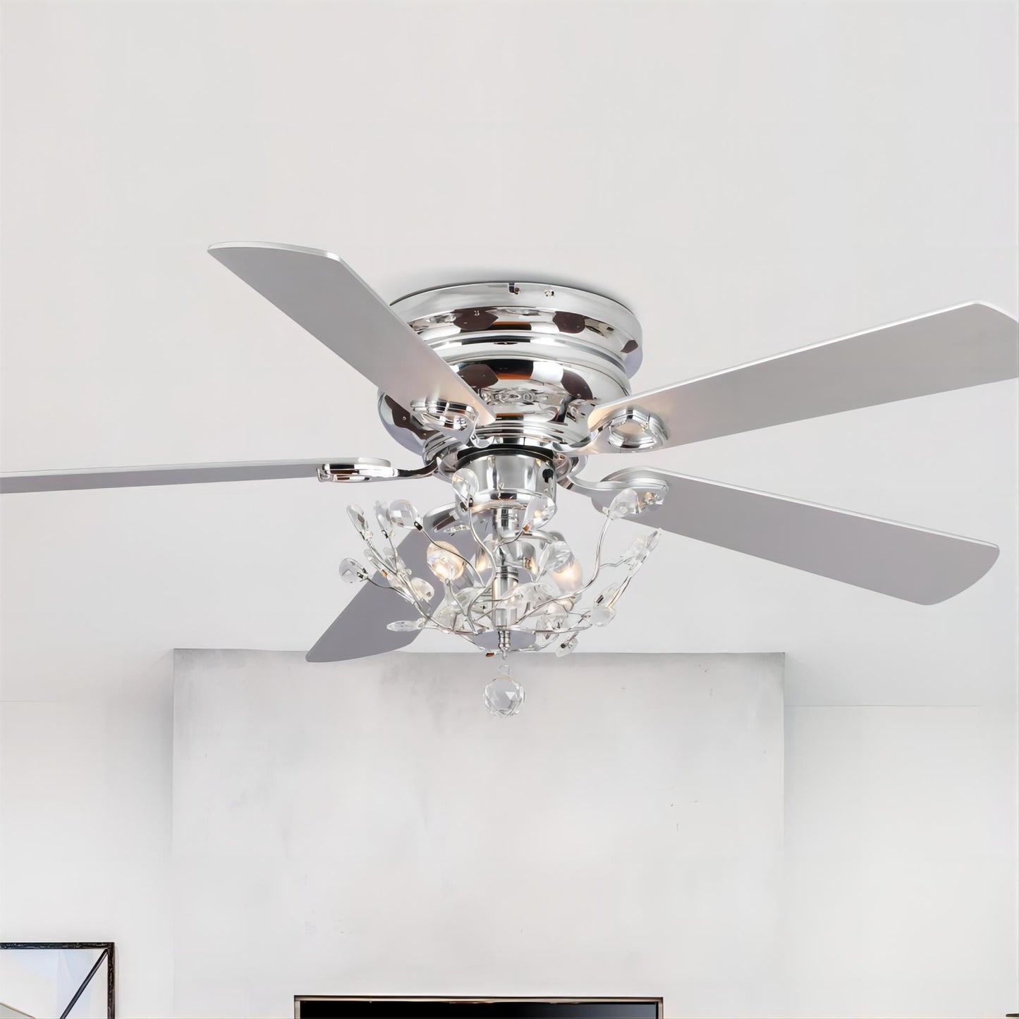 Ventilateur de plafond encastré moderne réversible à 5 pales en cristal avec télécommande