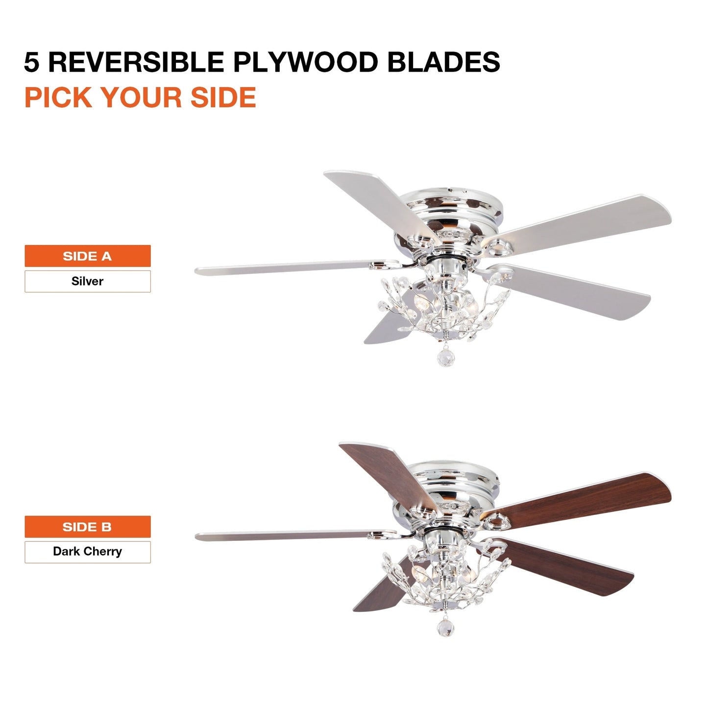 Ventilateur de plafond encastré moderne réversible à 5 pales en cristal avec télécommande