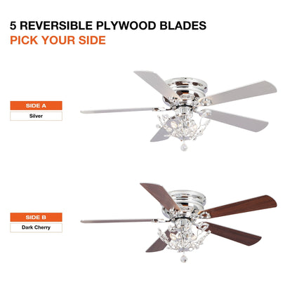 Ventilateur de plafond encastré moderne réversible à 5 pales en cristal avec télécommande