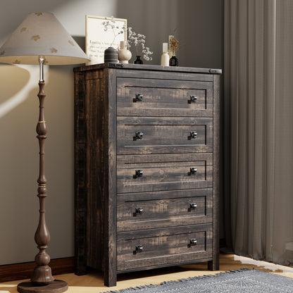 Commode haute en bois à 5 tiroirs de style ferme, commode pour chambre à coucher