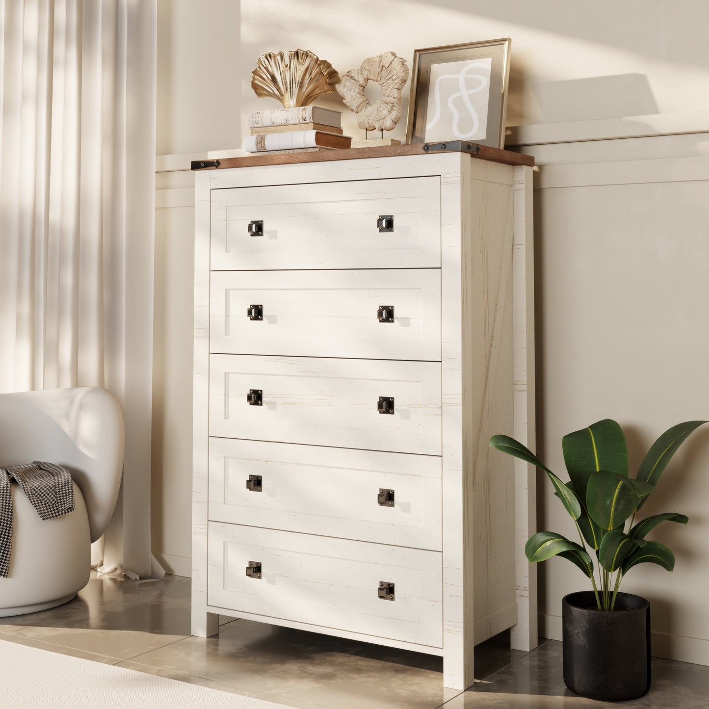 Commode haute en bois à 5 tiroirs de style ferme, commode pour chambre à coucher