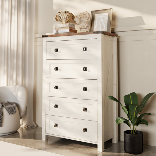Commode haute en bois à 5 tiroirs de style ferme, commode pour chambre à coucher