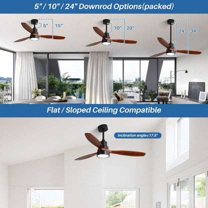 Ventilateur de plafond à LED intégré 48 et 52 pouces avec lumière et télécommande, moteur CC réversible