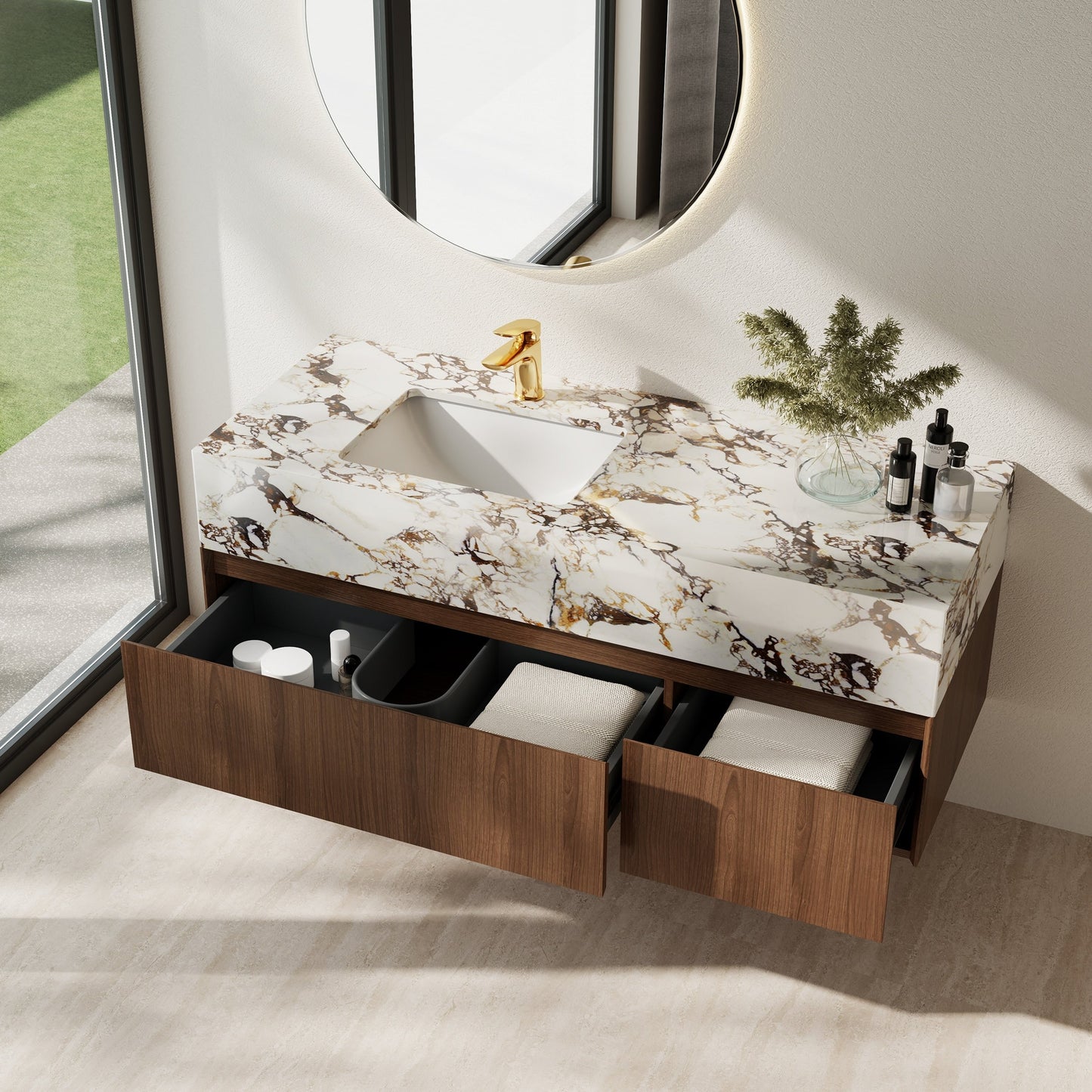 Meubles-lavabos simples modernes de 48 po, avec dessus en faux marbre brillant, bois massif