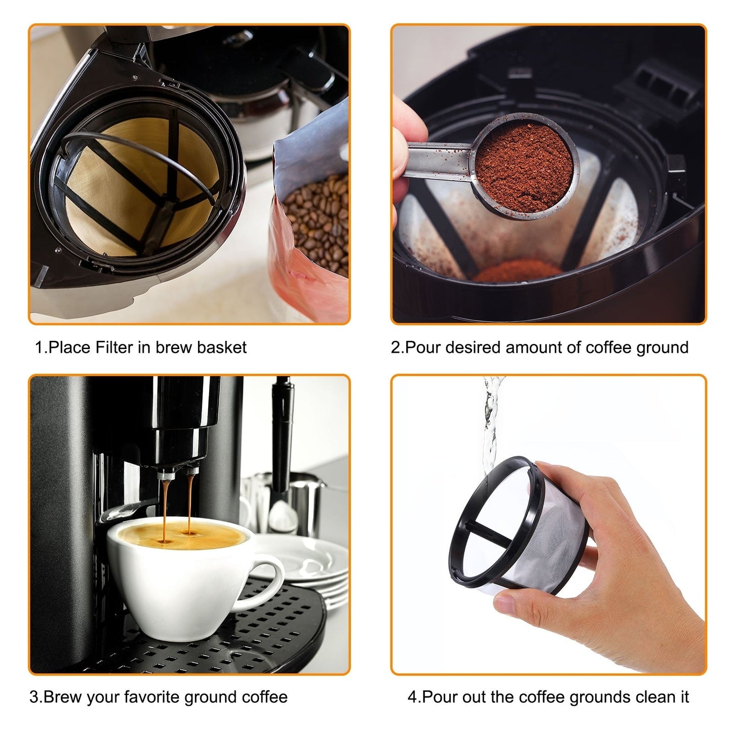 Lot de 4 paniers à filtre à café, filtre de remplacement avec fond en maille, doré