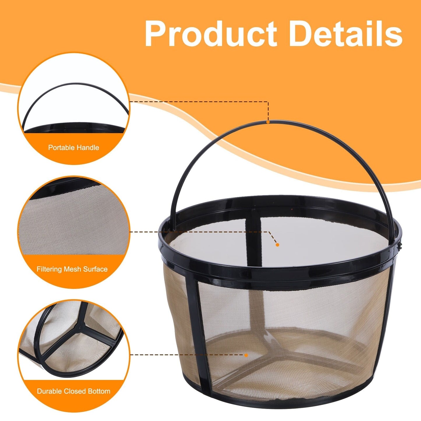 Lot de 4 paniers à filtre à café, filtre de remplacement avec fond en maille, doré