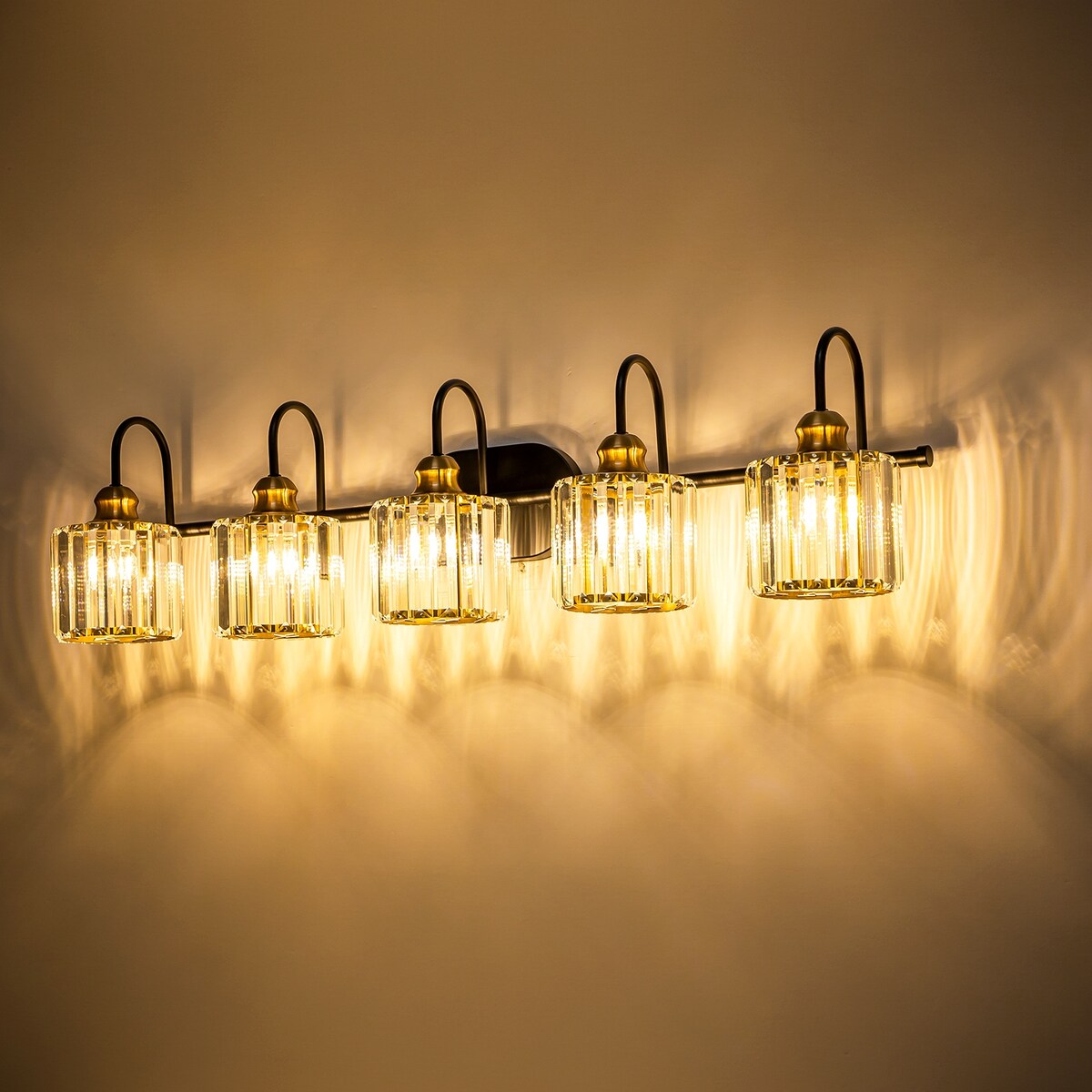 Luminaires de salle de bain en cristal à 5 ​​lumières, style glamour, linéaires et à intensité variable, avec abat-jour cylindrique en cristal