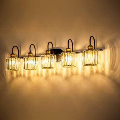 Luminaires de salle de bain en cristal à 5 ​​lumières, style glamour, linéaires et à intensité variable, avec abat-jour cylindrique en cristal