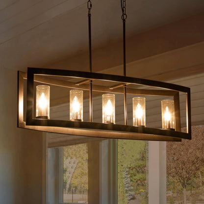 Lustre linéaire industriel moderne à 5 lumières pour salle à manger, style ferme, en verre transparent, idéal pour une cuisine ou un îlot