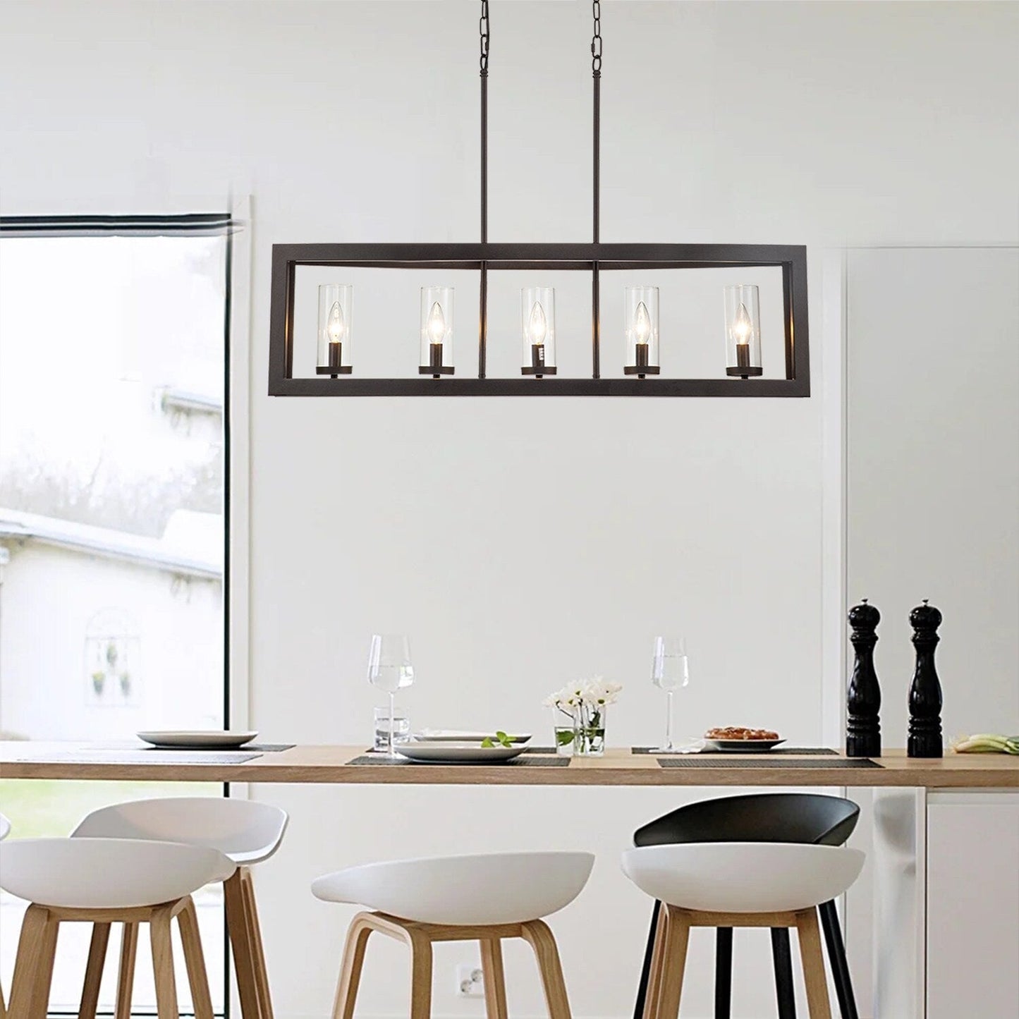Lustre linéaire industriel moderne à 5 lumières pour salle à manger, style ferme, en verre transparent, idéal pour une cuisine ou un îlot