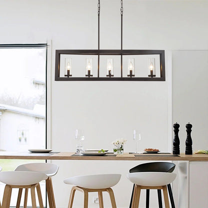 Lustre linéaire industriel moderne à 5 lumières pour salle à manger, style ferme, en verre transparent, idéal pour une cuisine ou un îlot