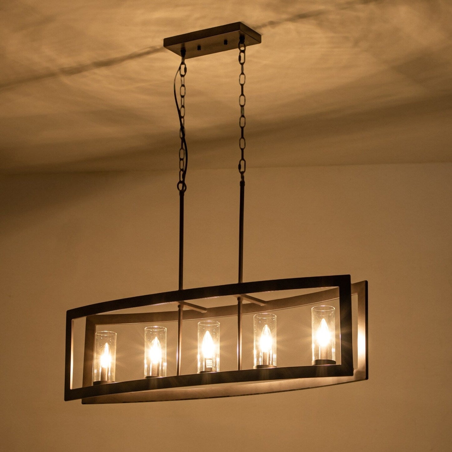 Lustre linéaire industriel moderne à 5 lumières pour salle à manger, style ferme, en verre transparent, idéal pour une cuisine ou un îlot