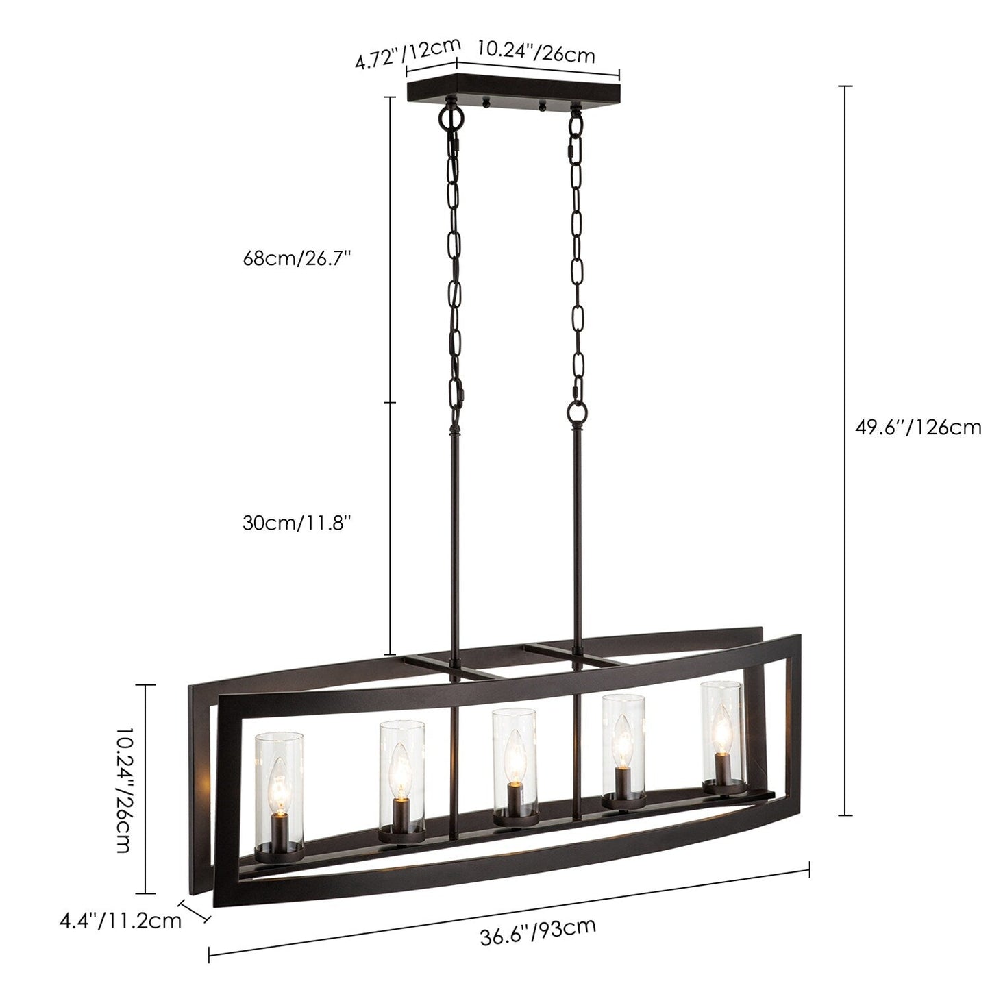 Lustre linéaire industriel moderne à 5 lumières pour salle à manger, style ferme, en verre transparent, idéal pour une cuisine ou un îlot