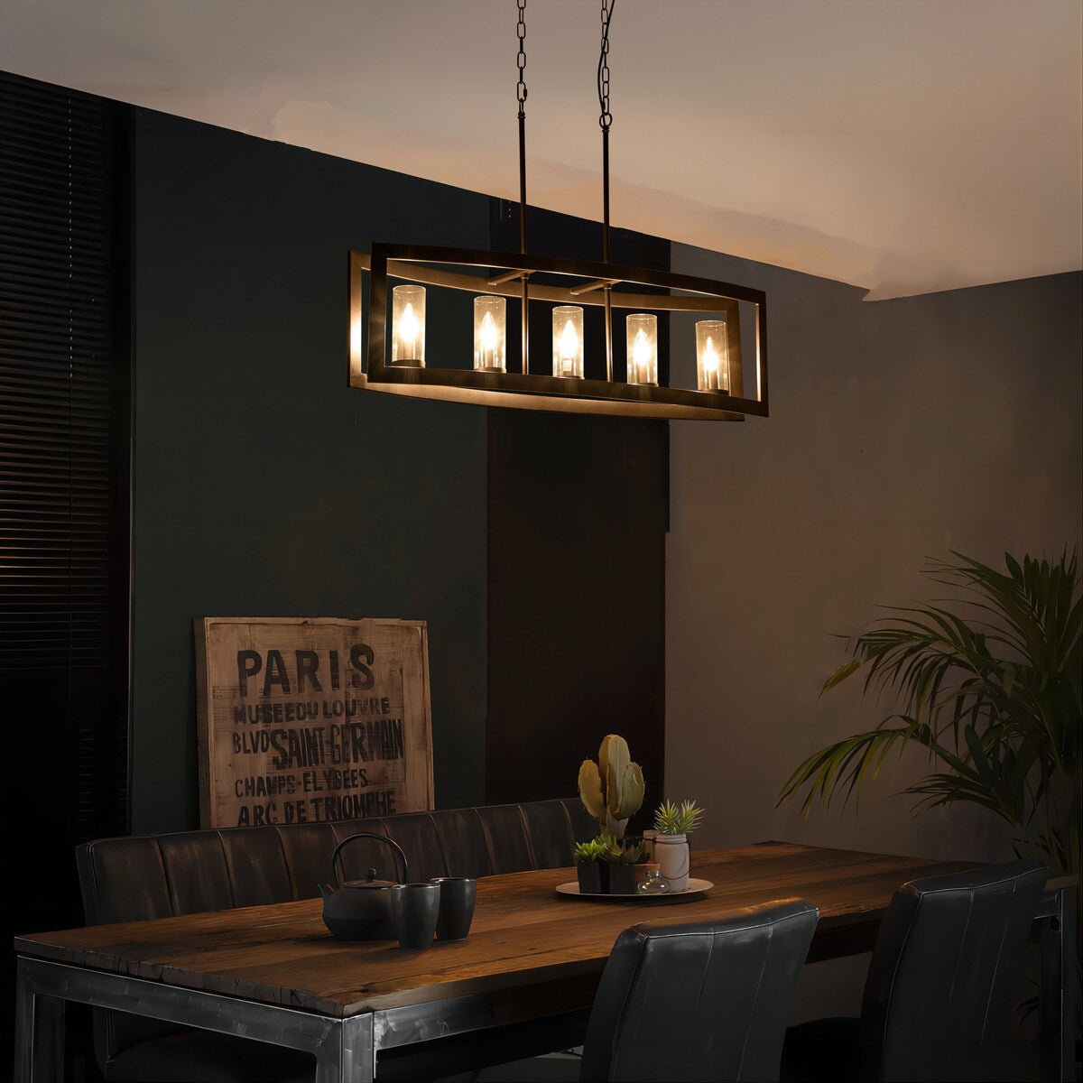 Lustre rectangulaire en verre vintage à 5 lumières pour îlot de cuisine industriel moderne du milieu du siècle