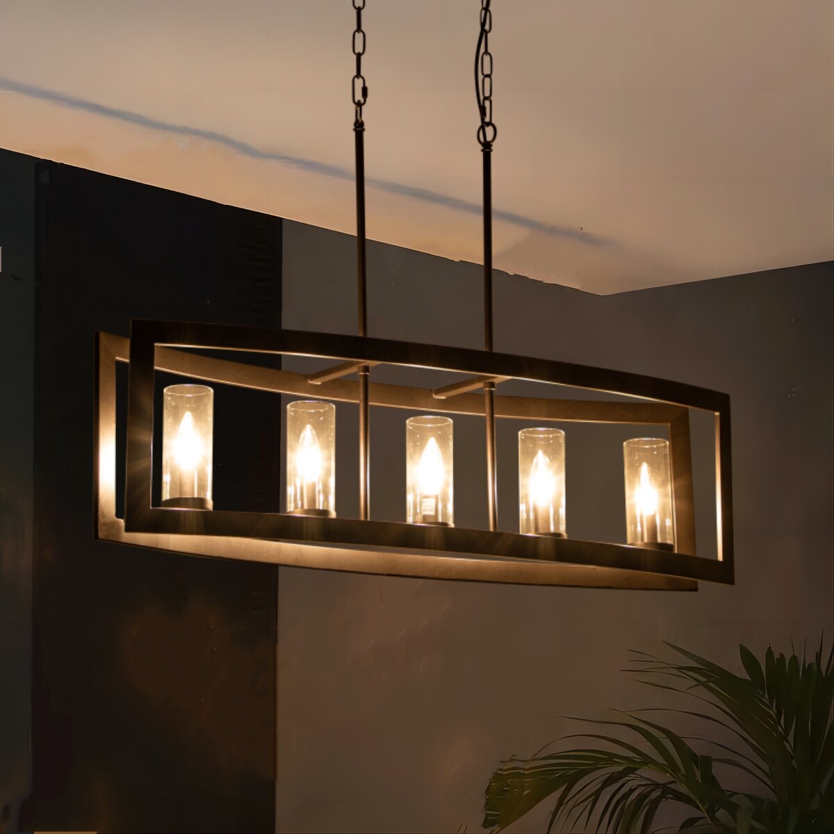 Lustre rectangulaire en verre vintage à 5 lumières pour îlot de cuisine industriel moderne du milieu du siècle