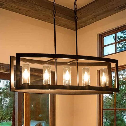 Lustre linéaire industriel moderne à 5 lumières pour salle à manger, style ferme, en verre transparent, idéal pour une cuisine ou un îlot