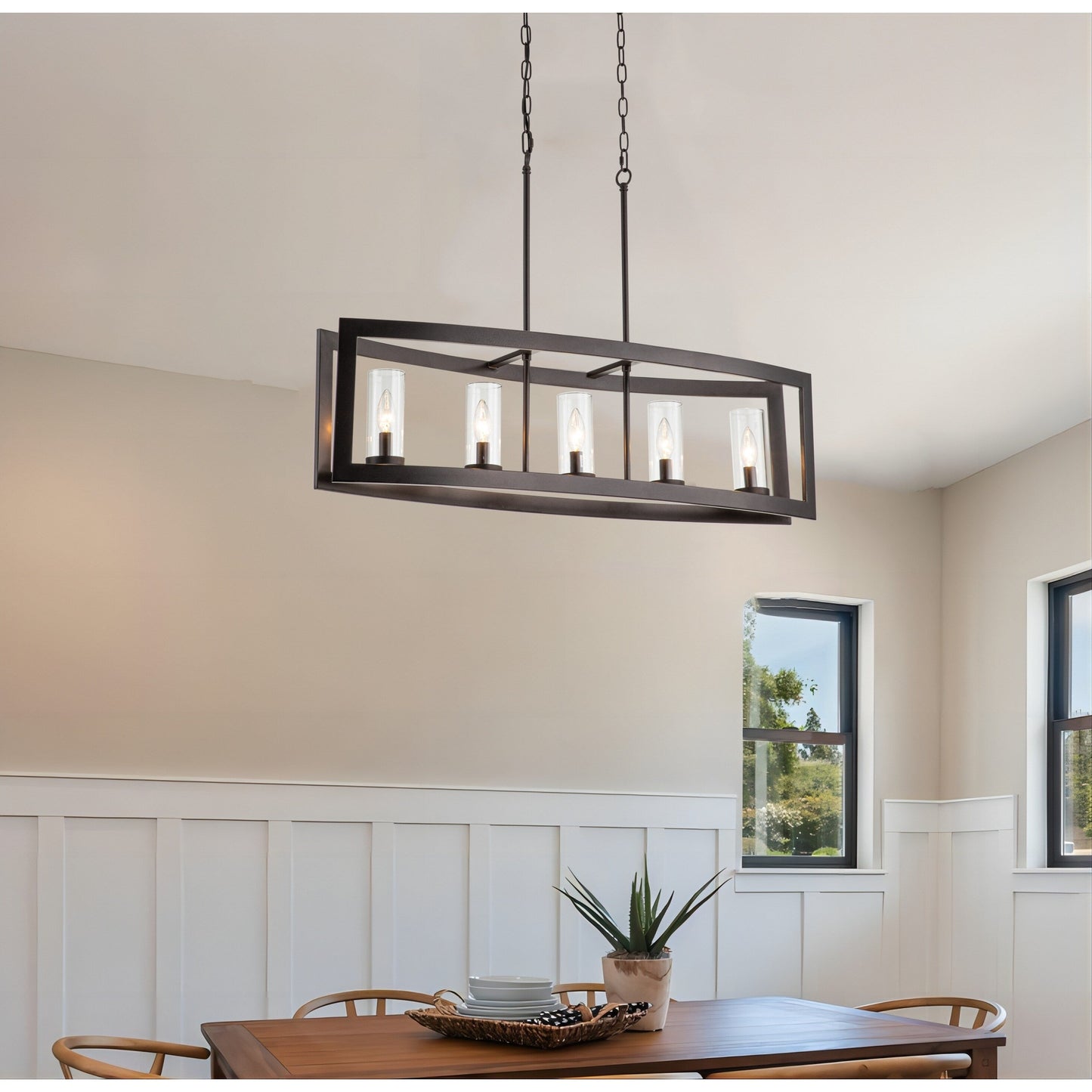 Lustre linéaire industriel moderne à 5 lumières pour salle à manger, style ferme, en verre transparent, idéal pour une cuisine ou un îlot