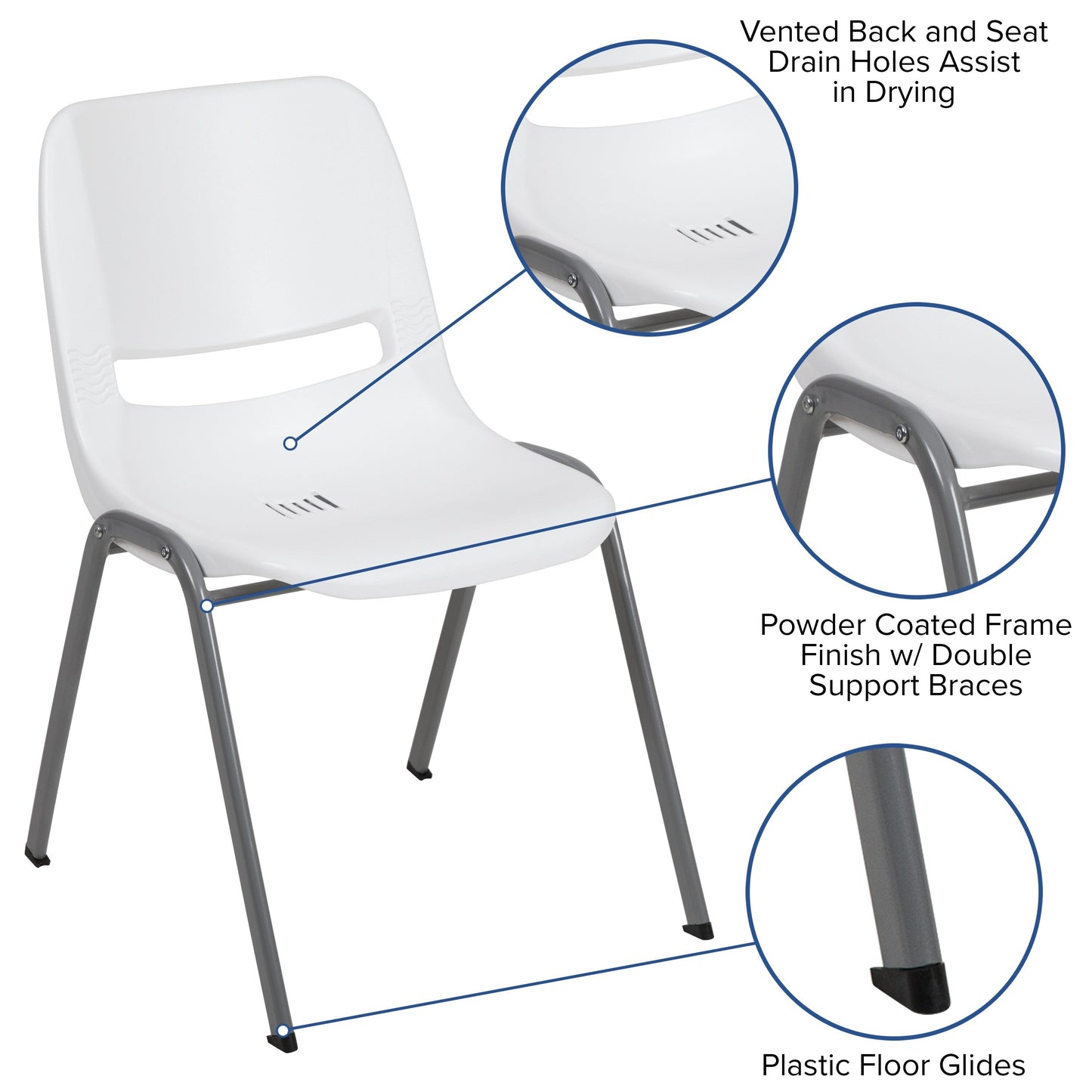 Lot de 5 chaises empilables ergonomiques à coque avec cadre en métal, capacité de charge de 880 lb (23,5 po x 19,25 po x 32 po)