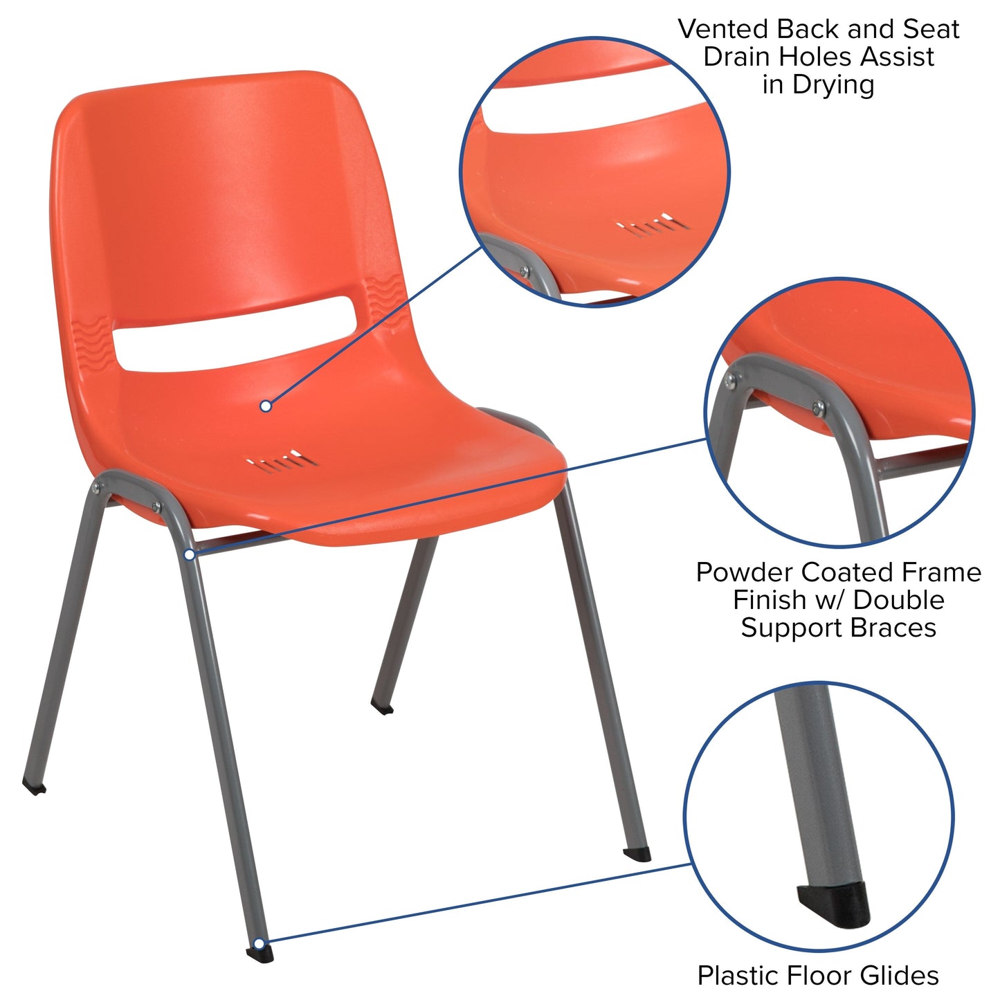 Lot de 5 chaises empilables ergonomiques à coque avec cadre en métal, capacité de charge de 880 lb (23,5 po x 19,25 po x 32 po)