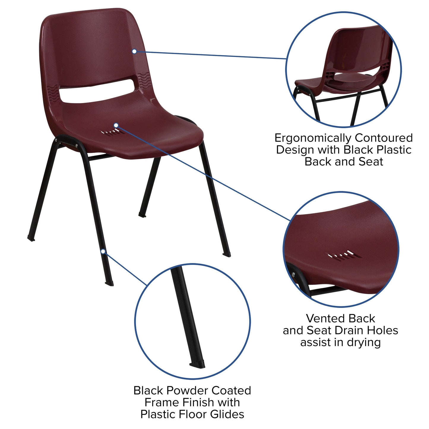Lot de 5 chaises empilables ergonomiques à coque avec cadre en métal, capacité de charge de 880 lb (23,5 po x 19,25 po x 32 po)