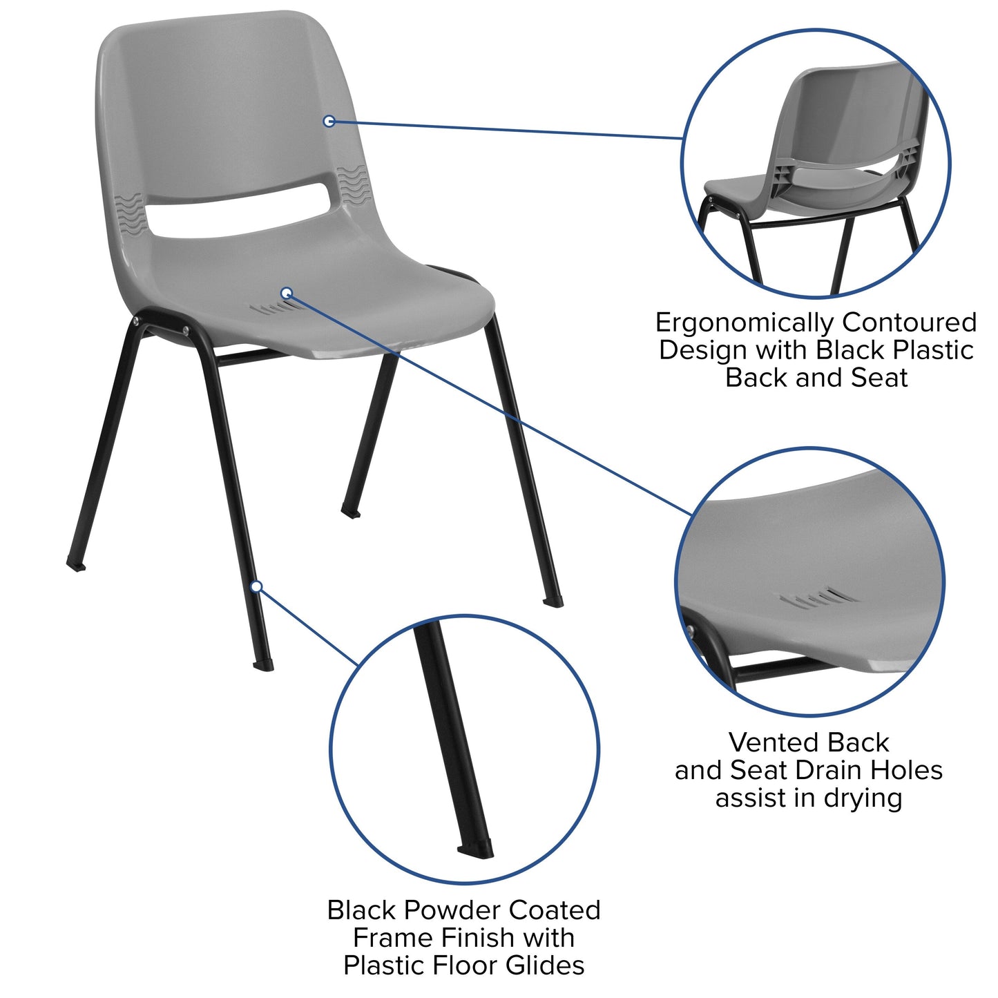 Lot de 5 chaises empilables ergonomiques à coque avec cadre en métal, capacité de charge de 880 lb (23,5 po x 19,25 po x 32 po)