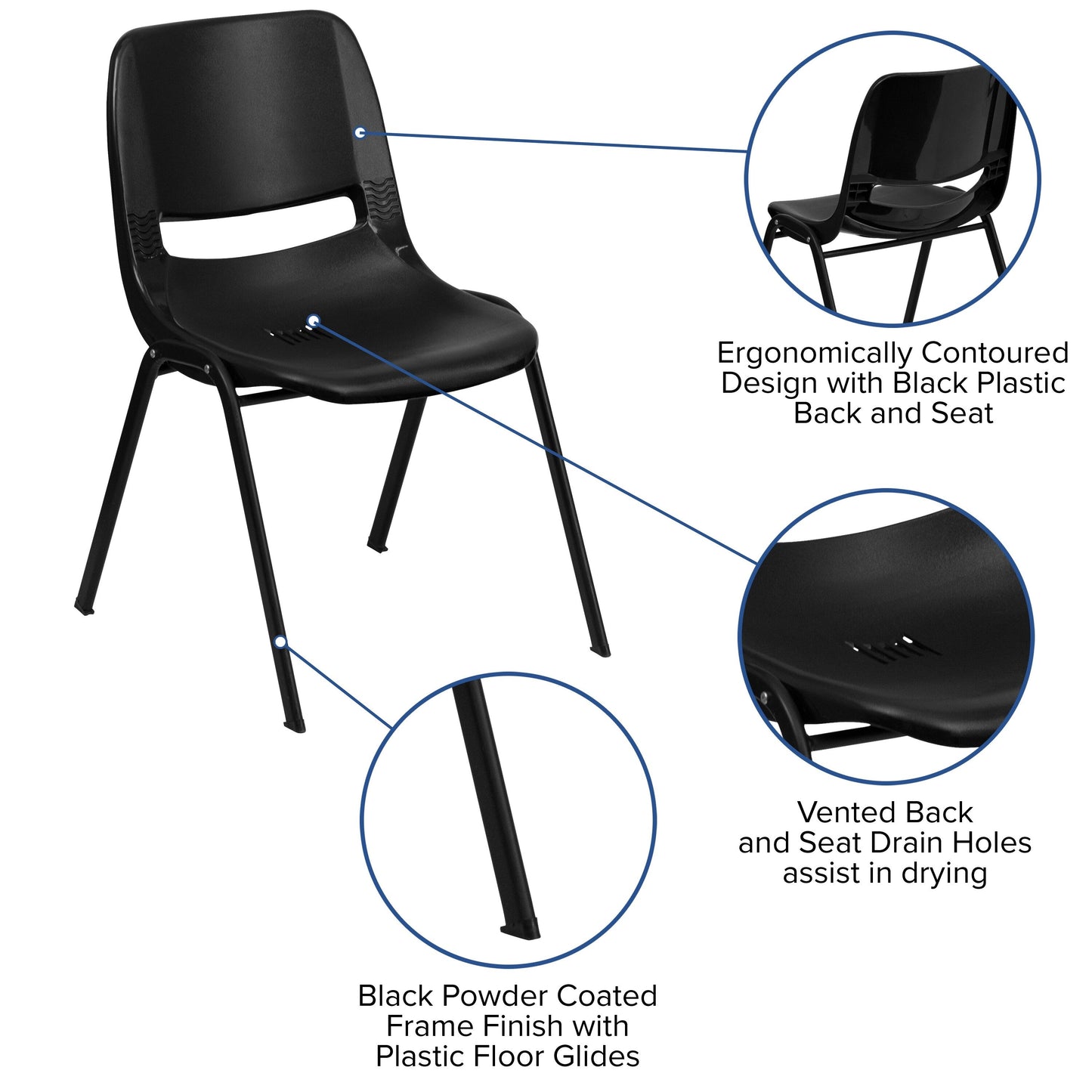 Lot de 5 chaises empilables ergonomiques à coque avec cadre en métal, capacité de charge de 880 lb (23,5 po x 19,25 po x 32 po)